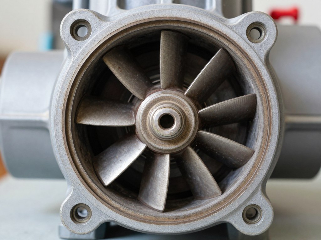 Close-up of central heating pump impeller showing wear or damage