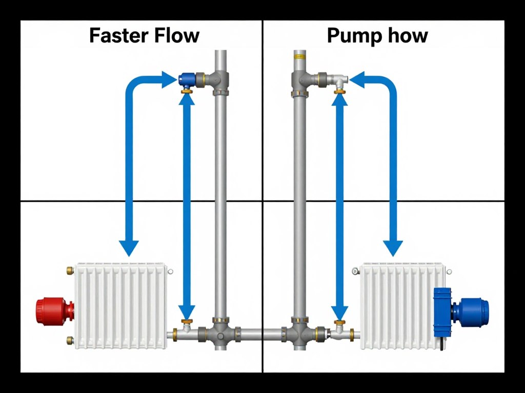Diagram showing water flow through a heating system at different pump speeds