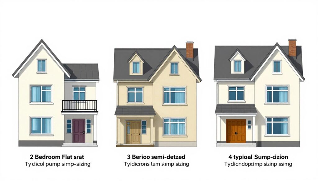 Different house types with their typical central heating pump sizing requirements