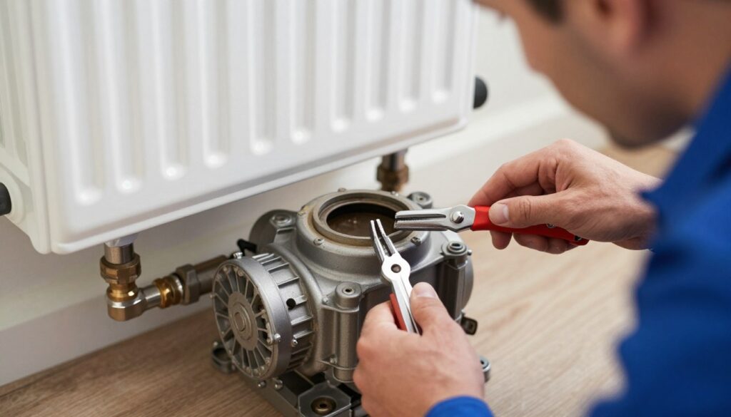 Engineer examining a damaged central heating pump
