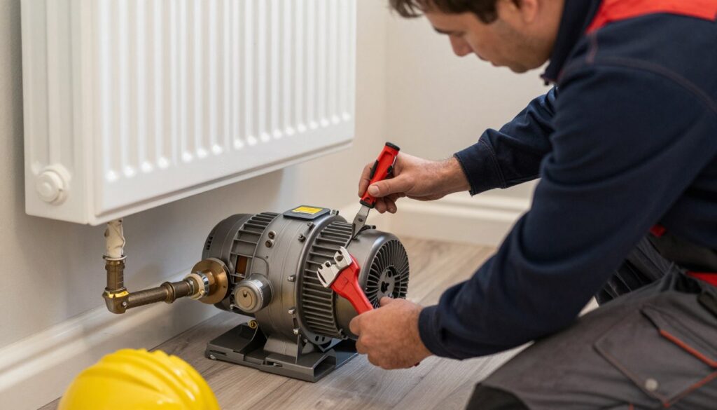 Engineer installing a central heating pump in a UK home