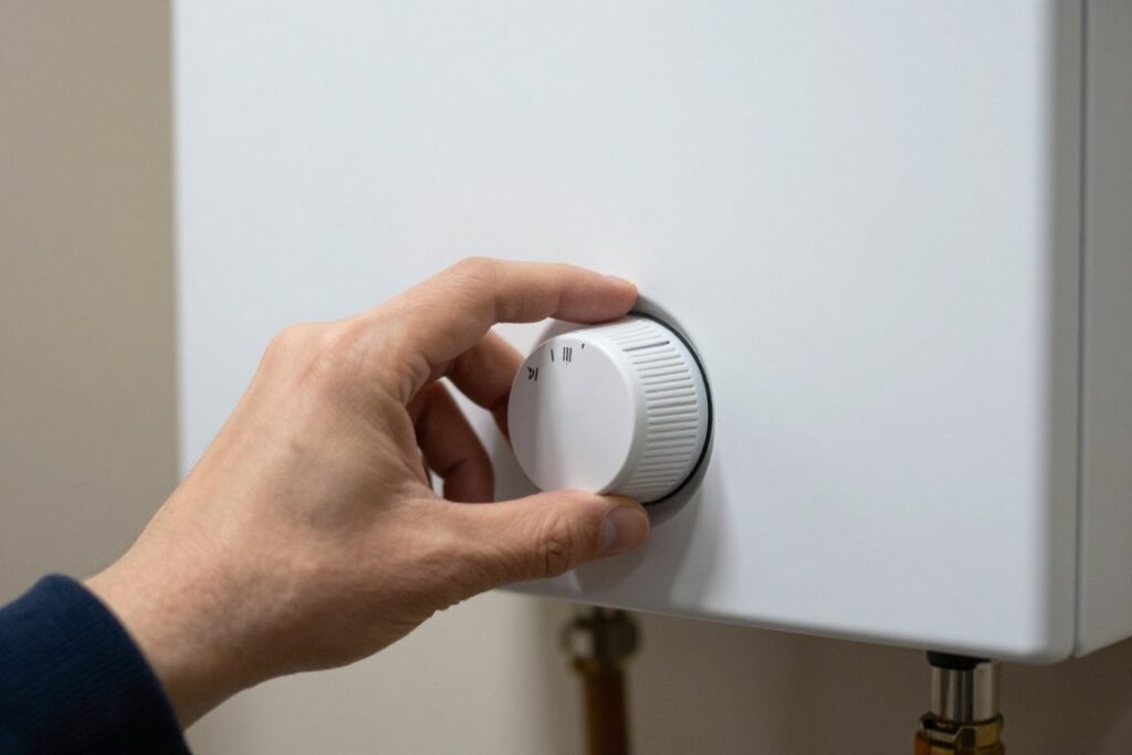 Person adjusting central heating pump speed dial
