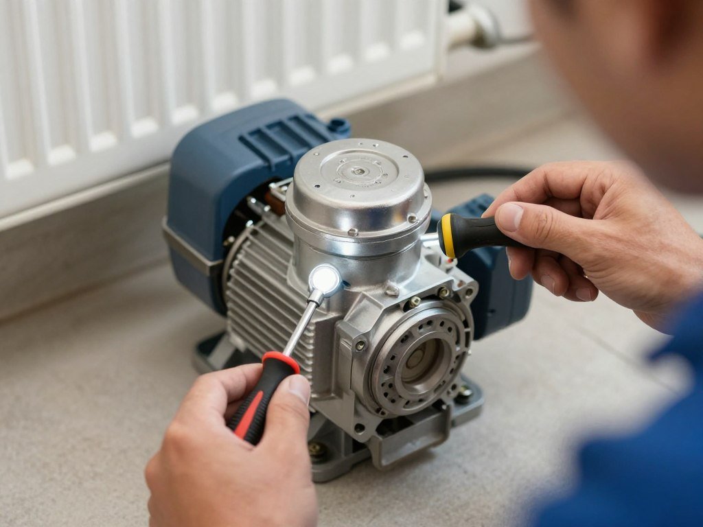 Person checking a central heating pump with basic tools