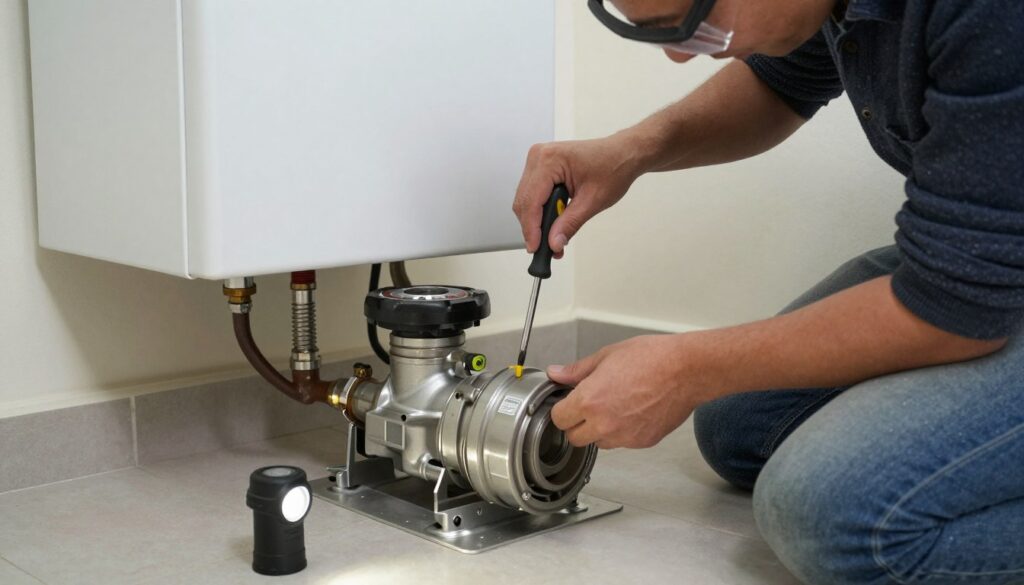 Person diagnosing a noisy central heating pump with tools