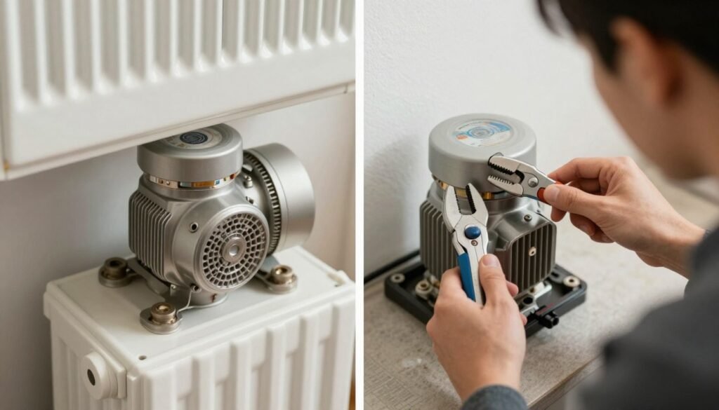 Person making common mistakes when checking central heating pump