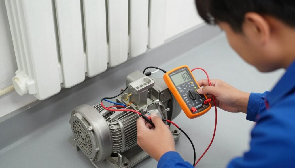Person troubleshooting a central heating pump