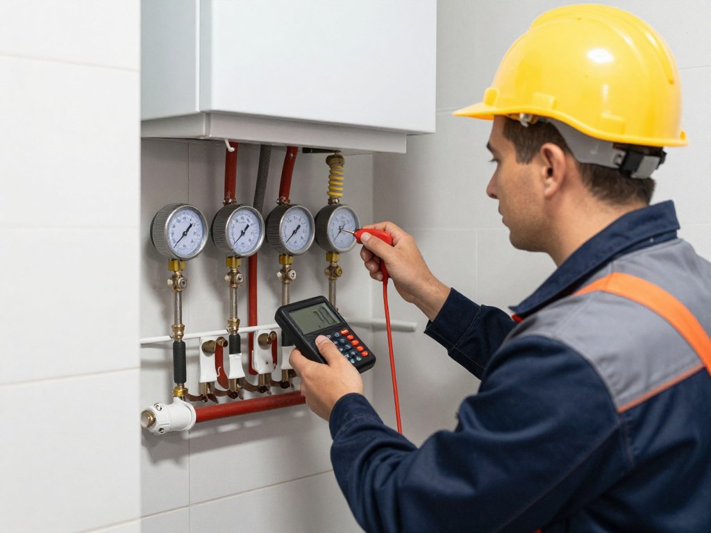 Professional heating engineer assessing a central heating system