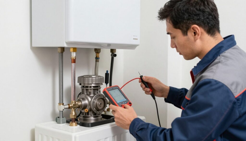 Professional heating engineer examining a central heating pump