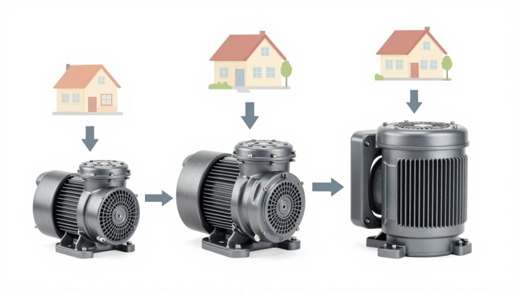 Diagram showing different sized central heating pumps for various home systems