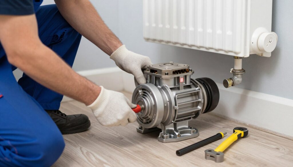Heating engineer replacing a central heating pump in a home system