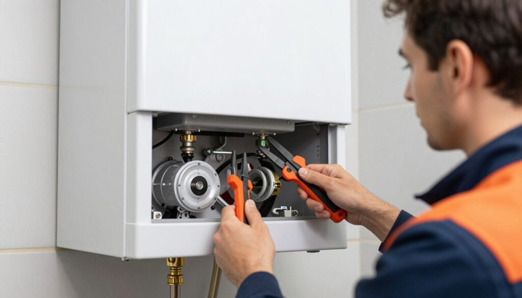 Annual boiler service being performed by qualified engineer