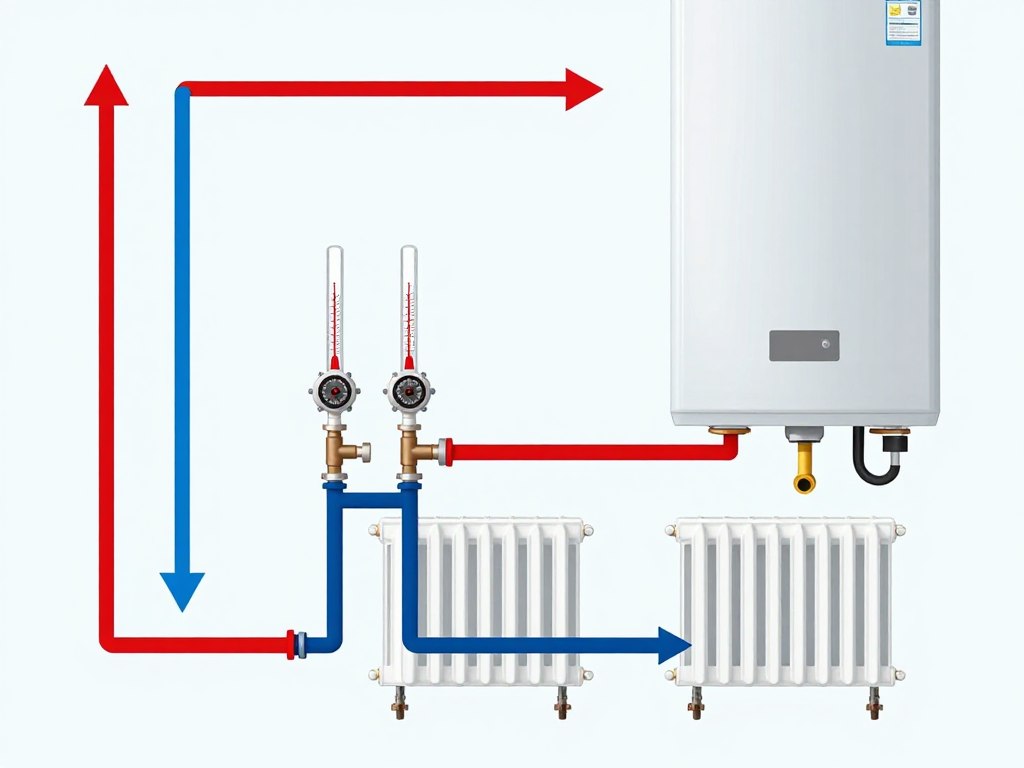 Diagram showing boiler flow and return temperature differential in heating system