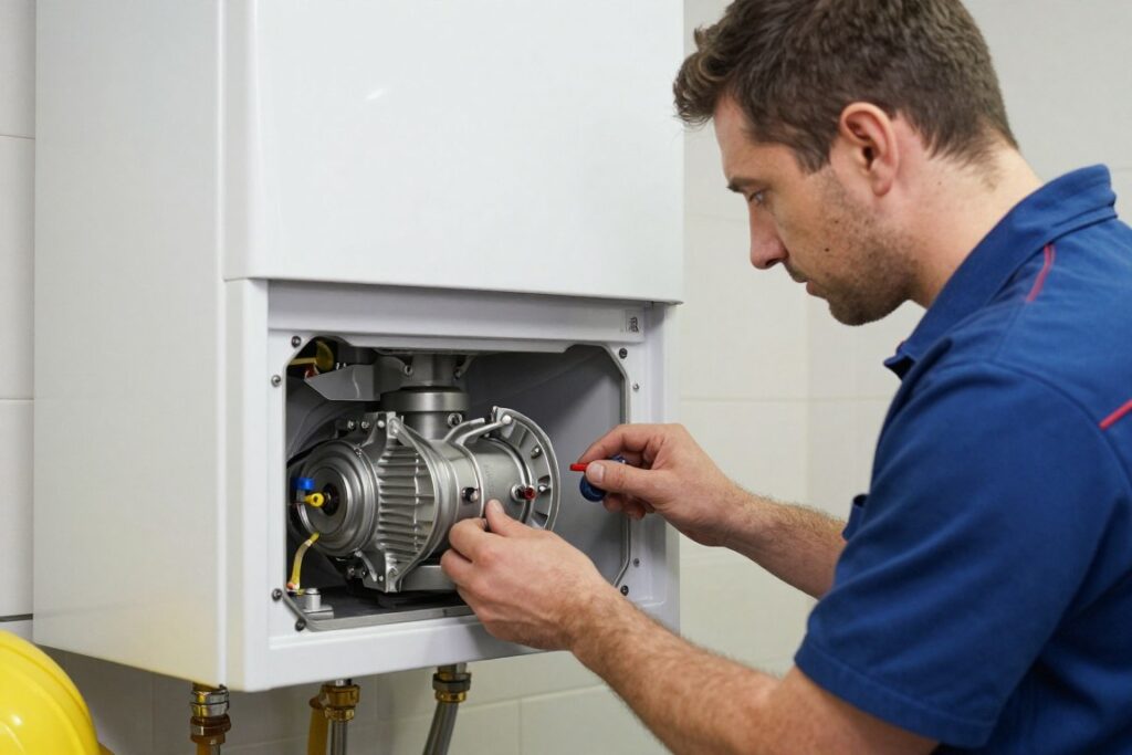 Gas Safe engineer inspecting Vaillant boiler circulation pump