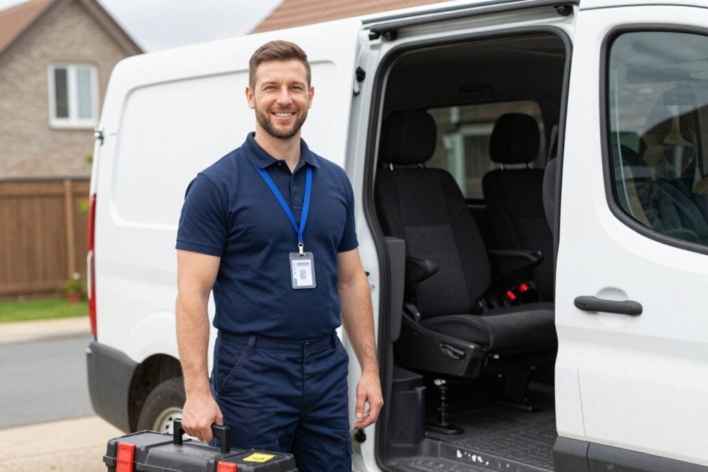 Gas Safe engineer with tools arriving to repair Vaillant boiler