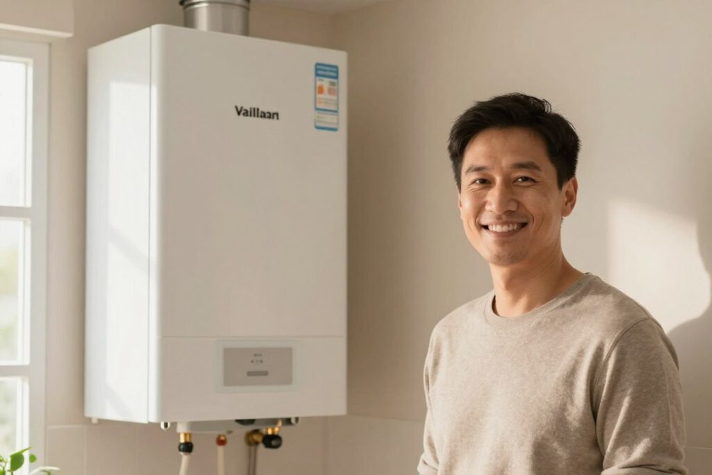 Happy homeowner with working Vaillant boiler and heating restored