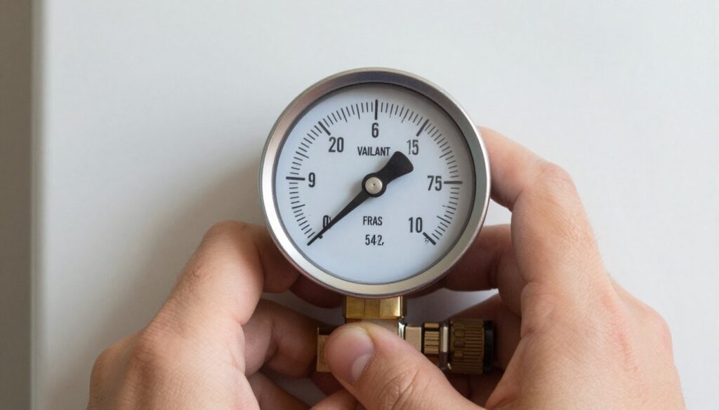 Homeowner checking boiler pressure gauge for proper water pressure