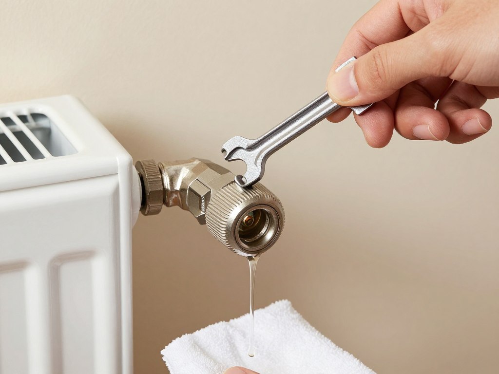 Person bleeding radiator valve with radiator key to release air