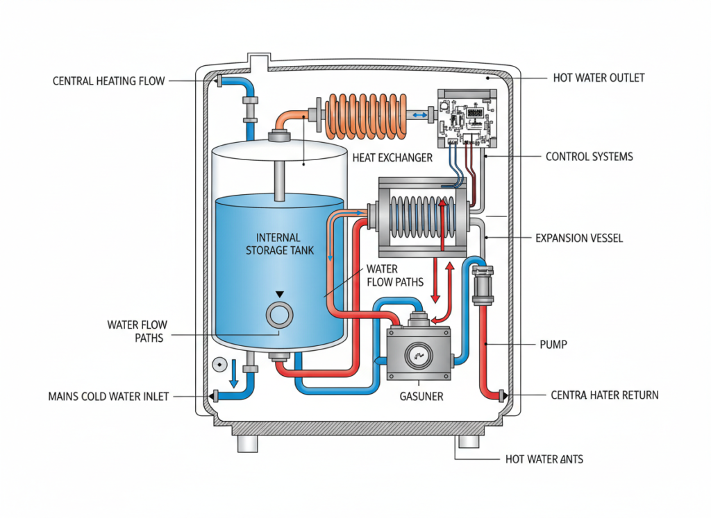 Diagram showing internal components of a storage combi boiler