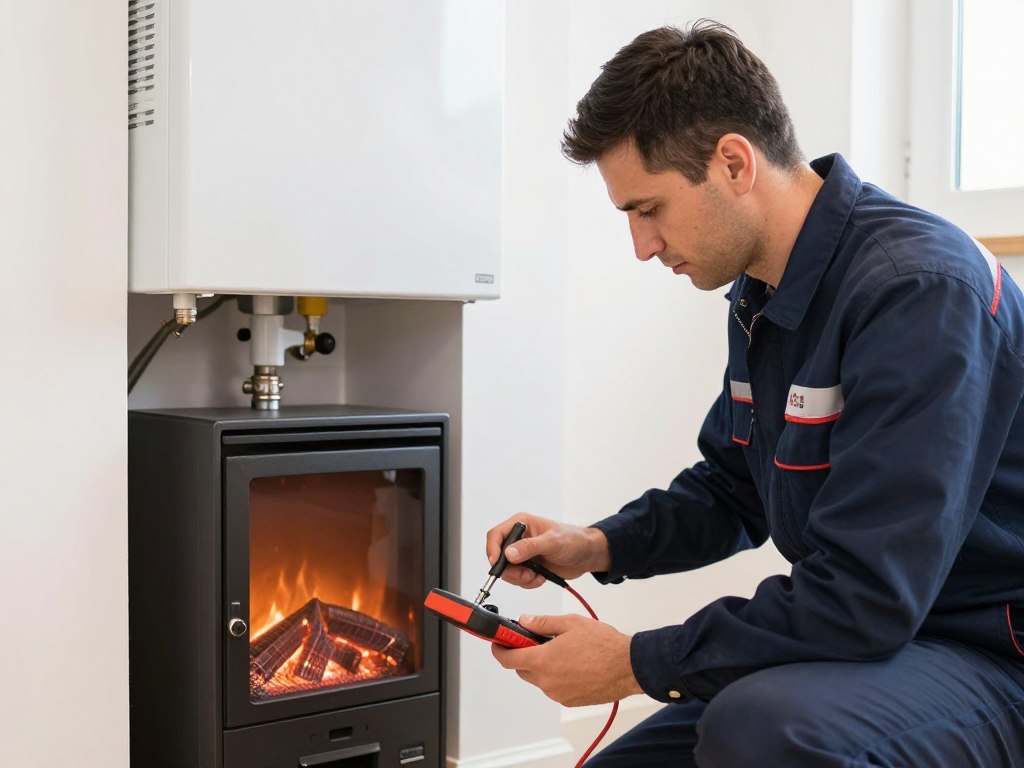 Gas Safe engineer inspecting an old back boiler for safety and efficiency
