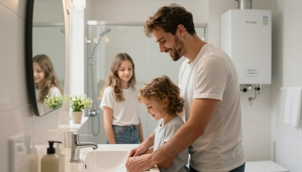 Happy family enjoying reliable hot water from storage combi boiler
