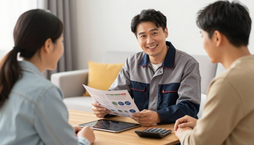 Heating engineer consulting with homeowner about boiler selection
