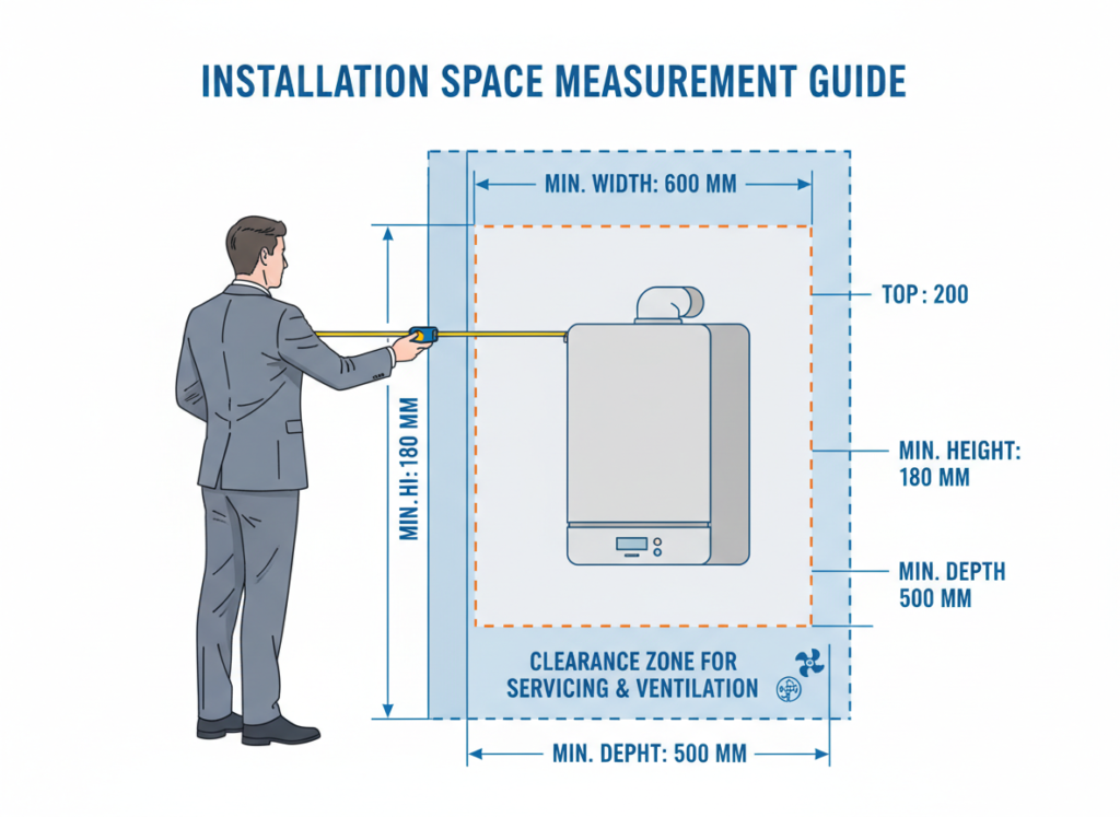 Measuring space requirements for storage combi boiler installation