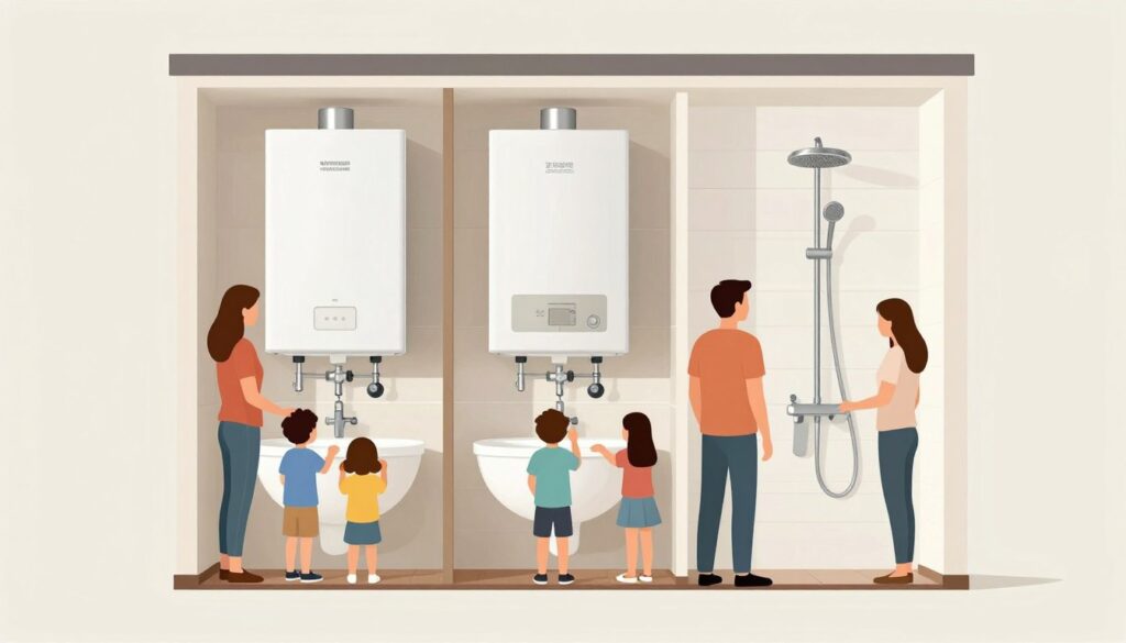 Modern family home with storage combi boiler showing multiple bathrooms in use