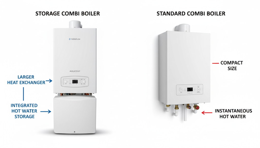 Side by side comparison of storage combi boiler and regular combi boiler
