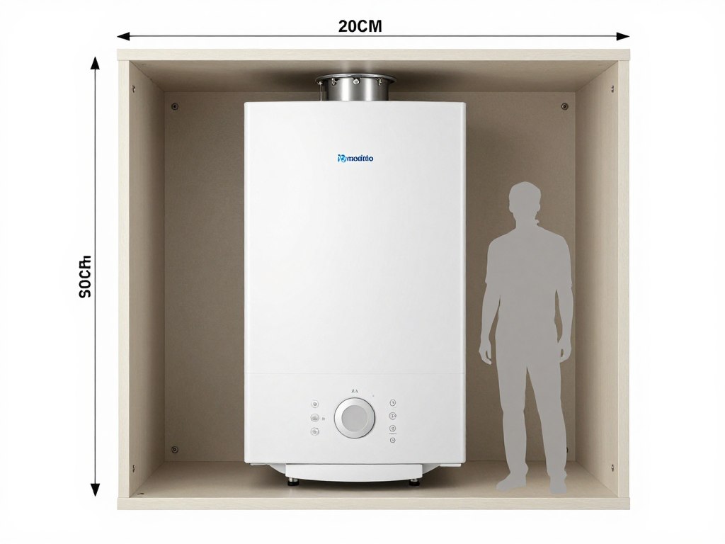 Size comparison showing storage combi boiler dimensions in cupboard