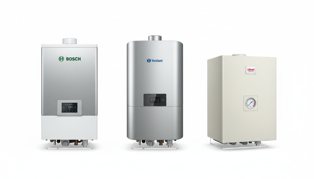 Three leading storage combi boiler brands displayed