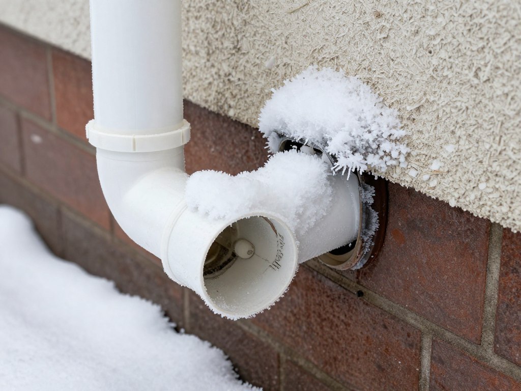 frozen condensate pipe from boiler covered in ice