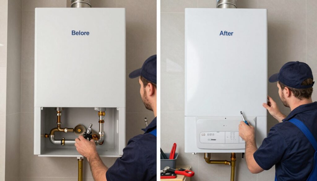 old back boiler being removed and replaced with modern combi boiler