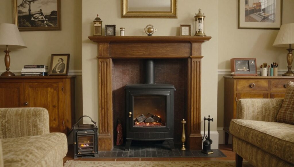 vintage 1970s UK living room with back boiler fireplace installation