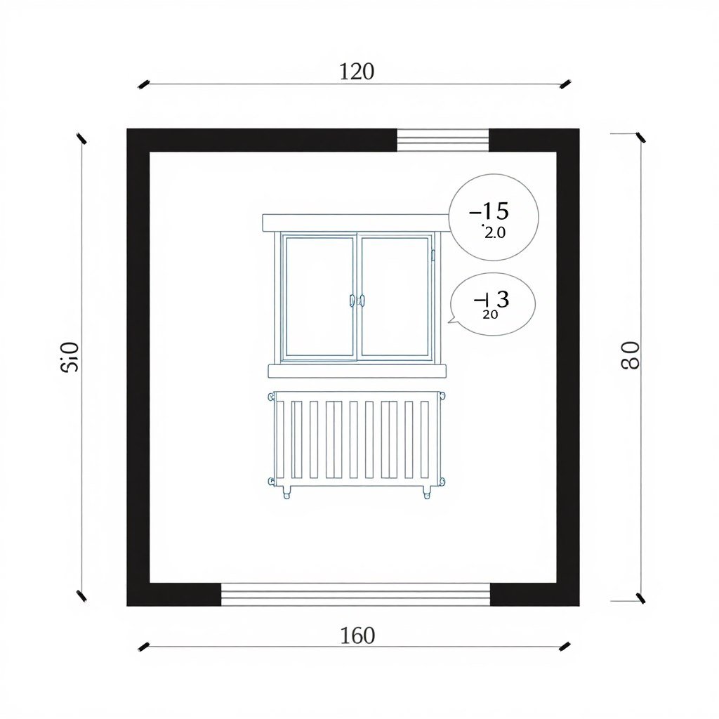 Bedroom radiator sizing example with measurements and calculations for air source heat pump