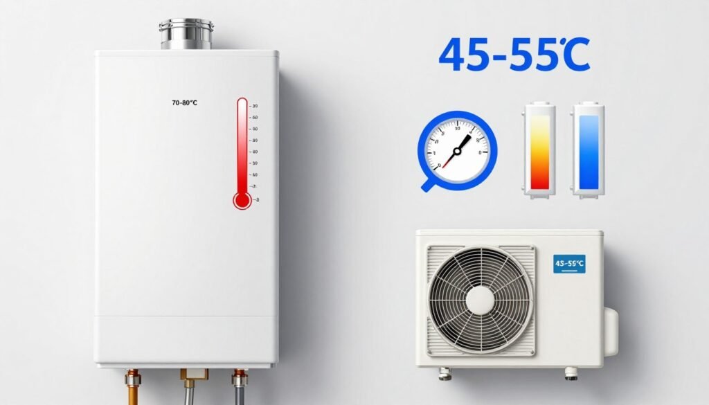 Comparison diagram showing flow temperature differences between gas boiler and heat pump