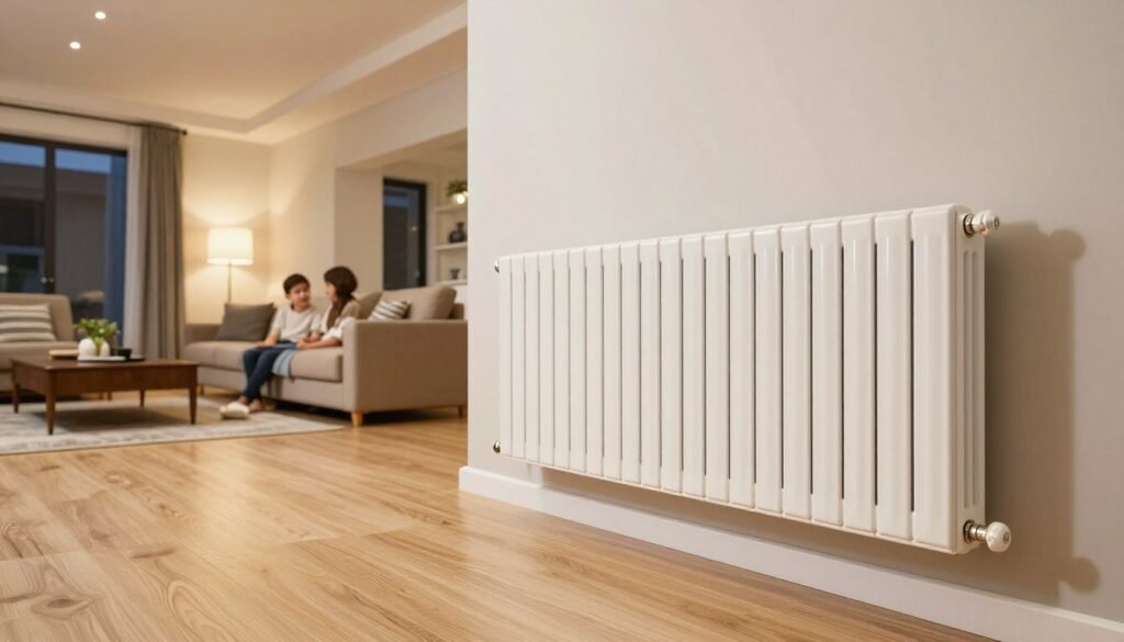 Complete air source heat pump heating system with properly sized radiators in modern UK home