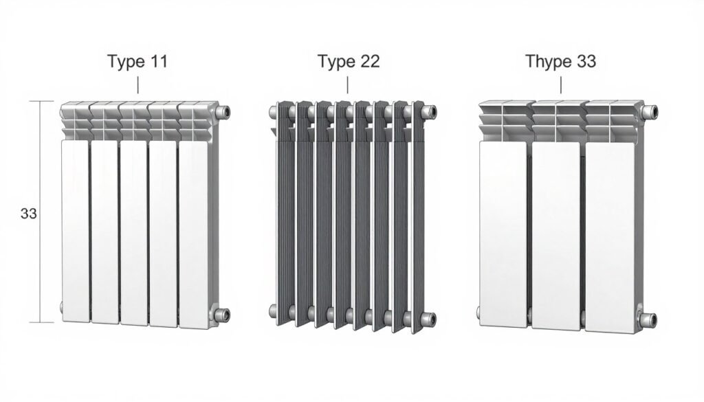 Different panel radiator types showing Type 11, Type 22, and Type 33 configurations