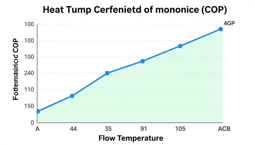 Graph showing heat pump COP improvement with properly sized radiators