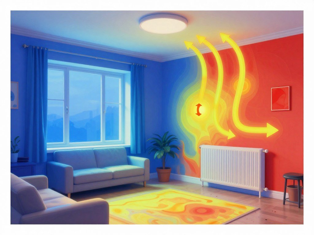 Heat loss diagram showing thermal imaging of a room with air source heat pump radiator