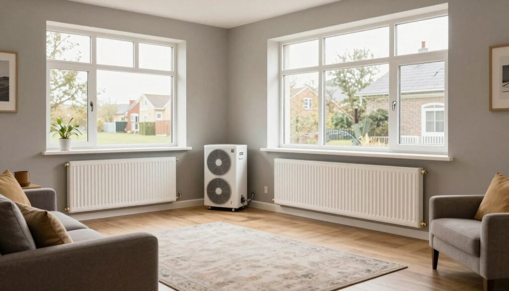 Living room with properly sized radiators for air source heat pump heating system