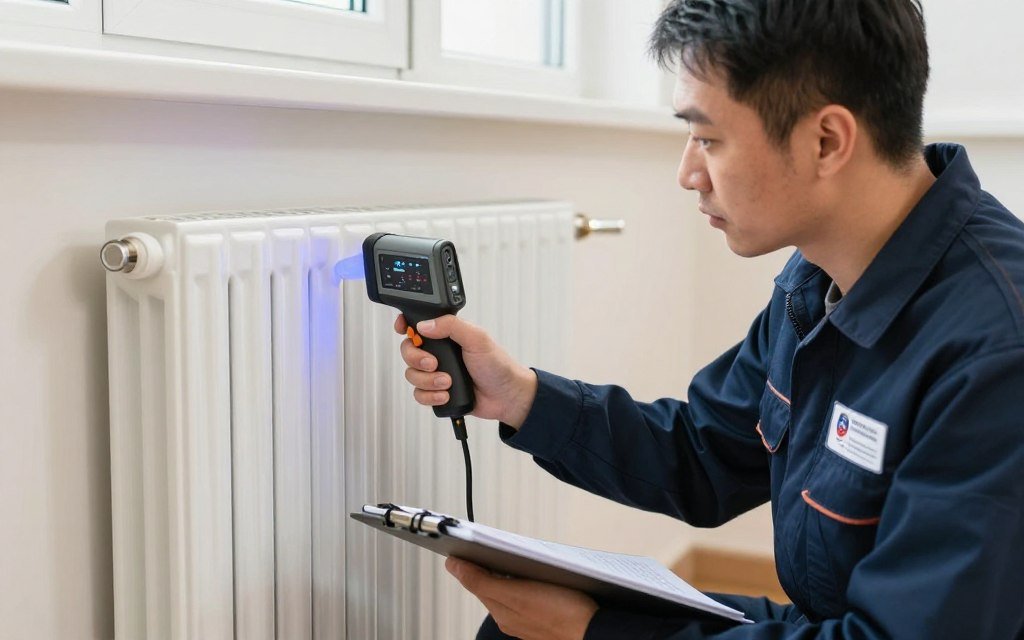 Professional heat pump installer conducting radiator survey in UK home