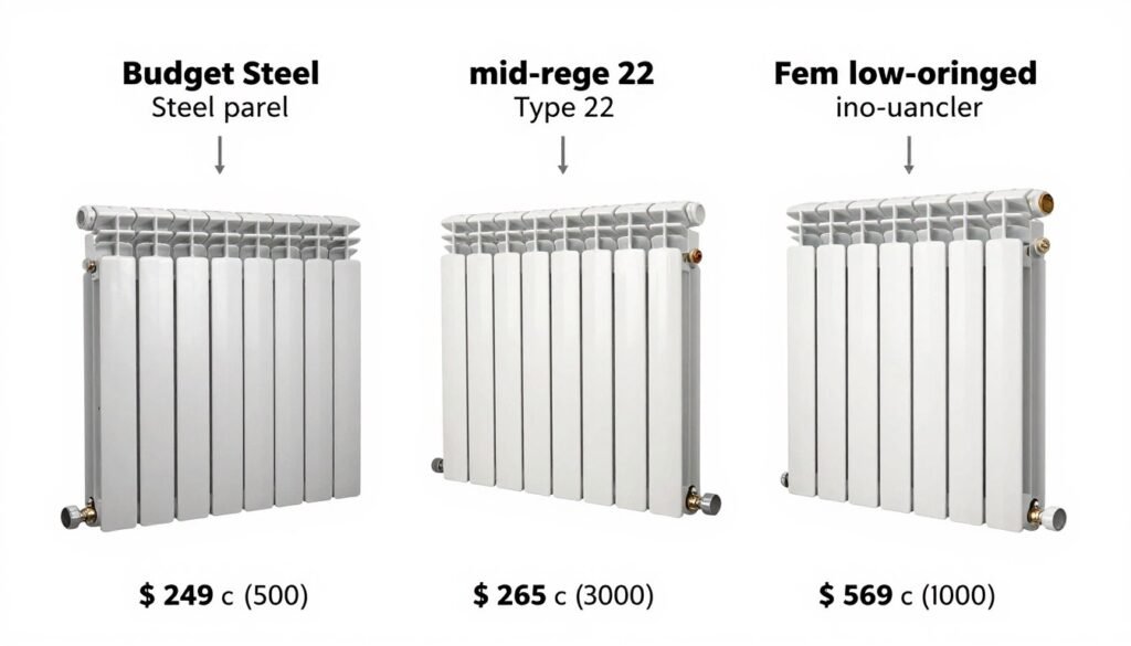Various radiator types showing price ranges for air source heat pump installations